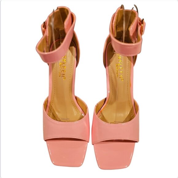 Pink Patent Platform Stiletto Heels With Ankle Strap Open Toe Square Sole Design